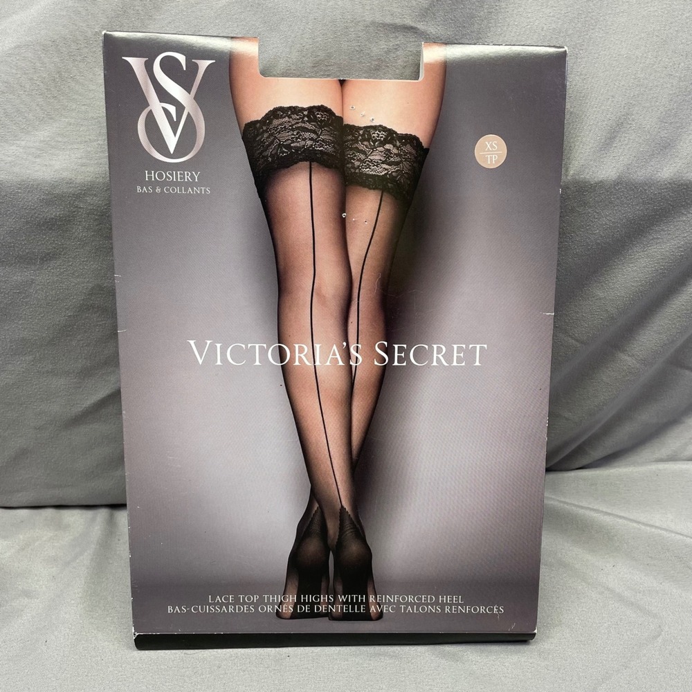 Victorias Secret Lace Top Thigh Highs Back Seam Rhinestone Logo Nude XS 11200497